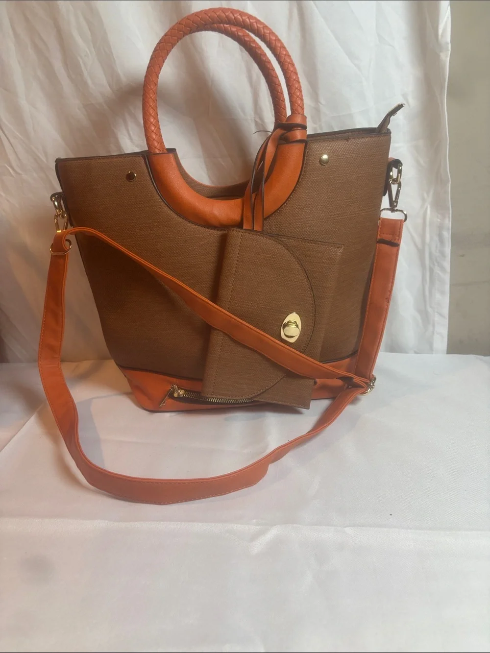 Women’s Brown & Orange Tote with Removable Crossbody Strap